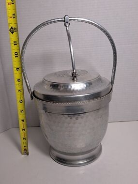 Vintage Cromwell Hand Wrought Aluminum Ice Bucket Hinged Decorated Lid Hammered